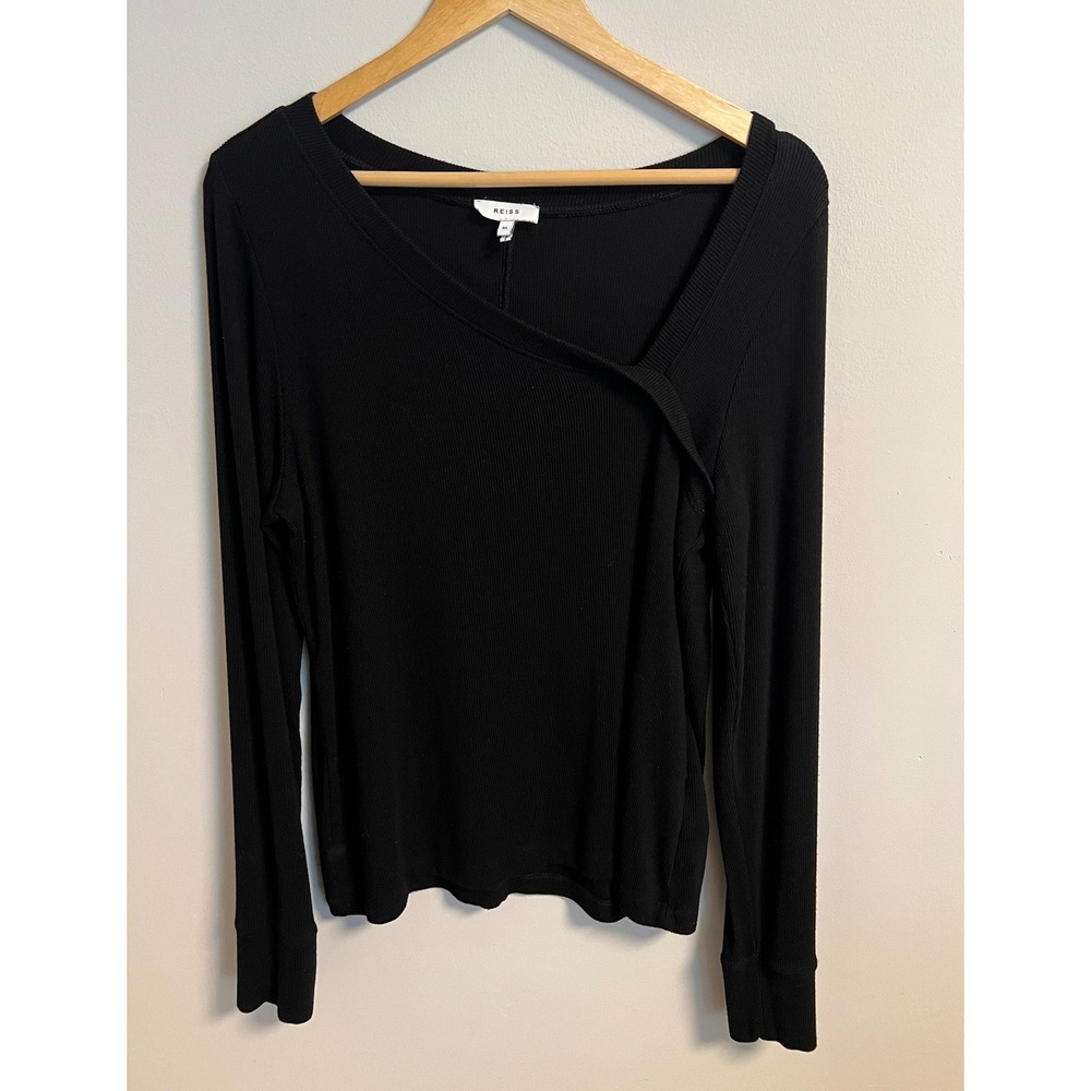 Reiss Carly Asymmetric Ribbed Long Sleeve Top XL Black Viscose Blend Chic